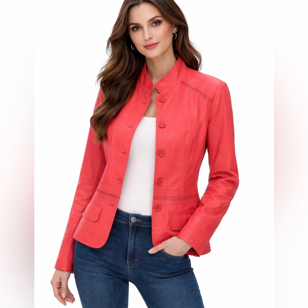 Y2K Coral Leather Jacket with Whipstitch Detail